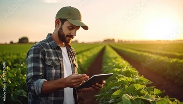 Obraz Field Worker and Modern Farming: A dedicated farm worker, armed with a tablet, surveys the vibrant, cultivated fields, representing the fusion of tradition and contemporary agricultural practice.