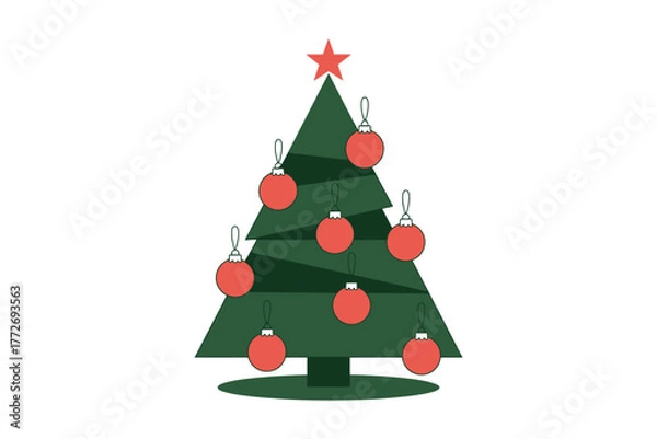Fototapeta A christmas tree with red ornaments and a red star on a white background art