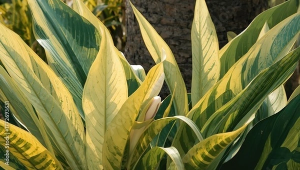 Obraz The unique leaf design of Alpinia zerumbet showcasing a fusion of pale yellow and green hues creating a mosaic stripe