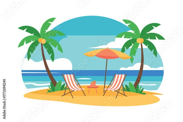 Fototapeta Illustration of a tropical beach scene with chairs umbrella and palm trees view