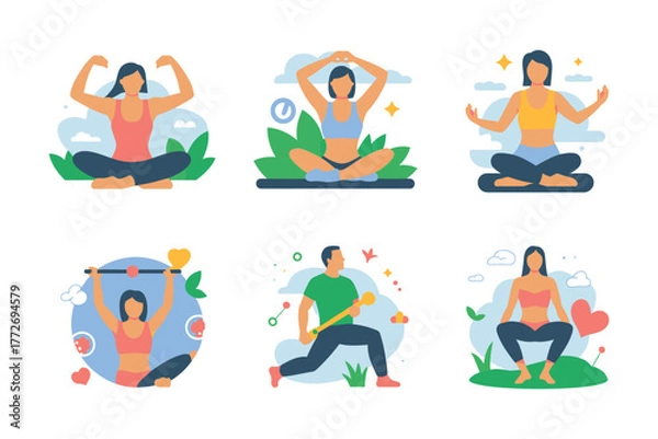 Fototapeta Various yoga and fitness poses depicted in flat vector illustration style art