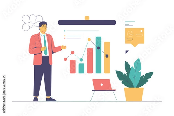Fototapeta Man presenting a graph on a whiteboard with laptop and plant in the background