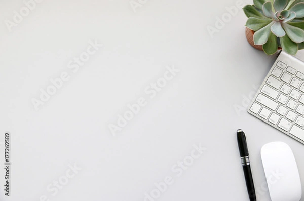 Fototapeta Office table with keyboard,mouse and cactus, copy space,Top view, flat lay