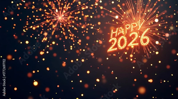 Fototapeta Festive fireworks display illuminating "Happy 2026" text against a dark background, celebrating the new year.