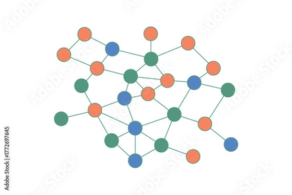 Fototapeta Network diagram with interconnected orange blue and green nodes on white background
