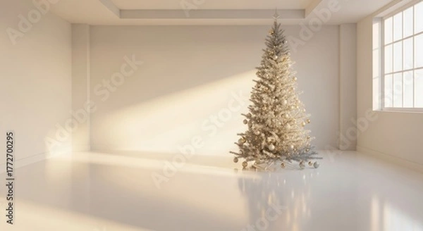 Fototapeta Elegant christmas tree stands in a bright minimalist room bathed in soft sunlight