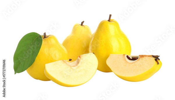 Obraz Pair of Whole and Halved Quinces Displaying Golden Freshness – isolated on transparent background