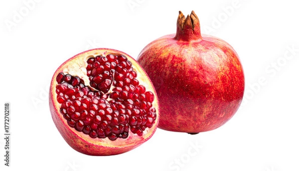 Fototapeta Dual Pomegranate Compositions Representing Exotic Freshness and Vibrant Color – isolated on transparent background