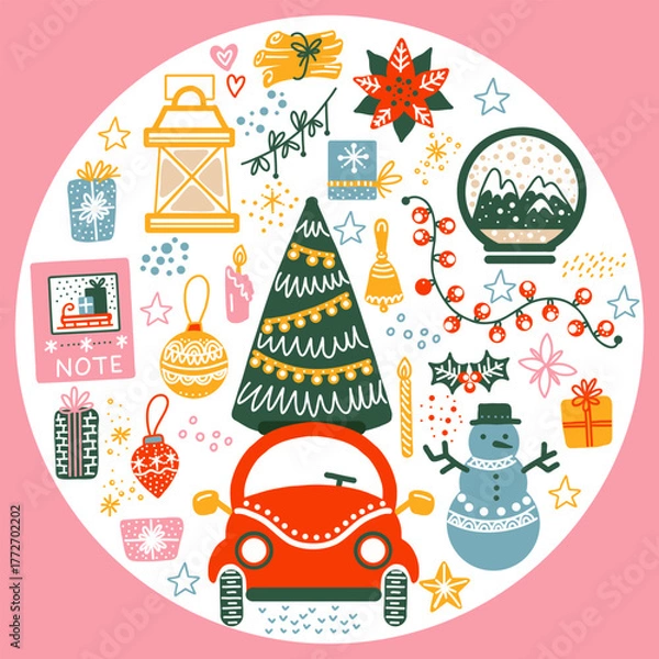 Obraz Round Christmas cozy design set in trendy palette vector