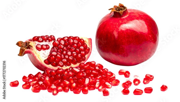 Obraz Pair of Whole and Halved Pomegranates Displaying Jewel-Like Seeds – isolated on transparent background