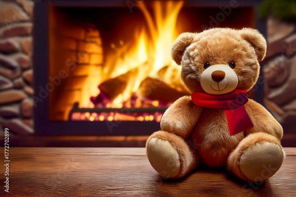 Obraz 暖炉の前に置かれたテディベア