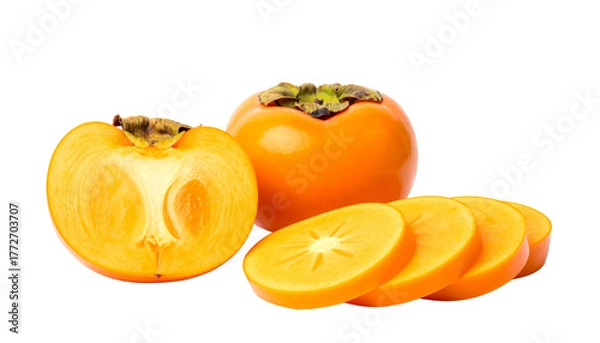 Obraz Pair of Whole and Sliced Persimmons Displaying Bright Orange Freshness – isolated on transparent background