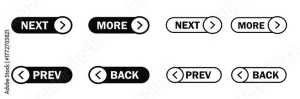 Fototapeta Next and Previous buttons vector icon set. Modern navigation UI elements for web and app design.