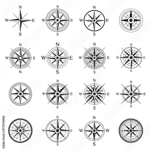 Fototapeta vector illustration of vintage compass icons set for travel and navigation design