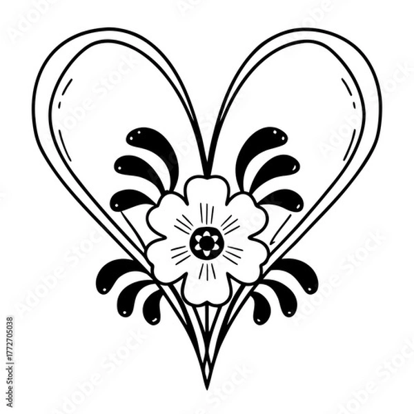 Obraz Minimilist outlined heart shape with a centered flower and decorative leaves in black and white illustration vector