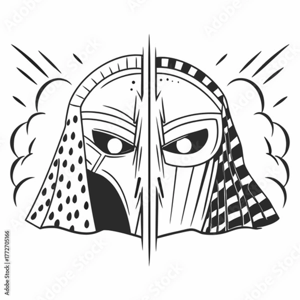 Obraz Minimilist stylized tribal mask with geometric patterns and cloud like shapes in a black and white drawing vector