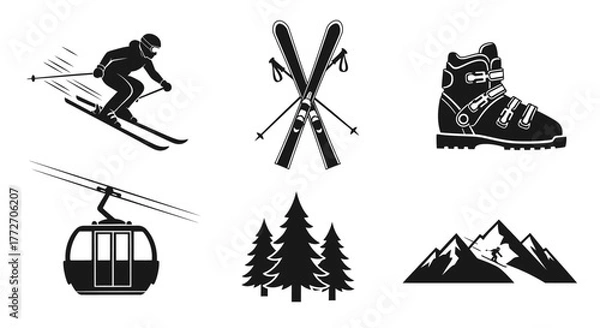 Fototapeta Black and white graphics showcase various winter sports and mountain scenery elements.