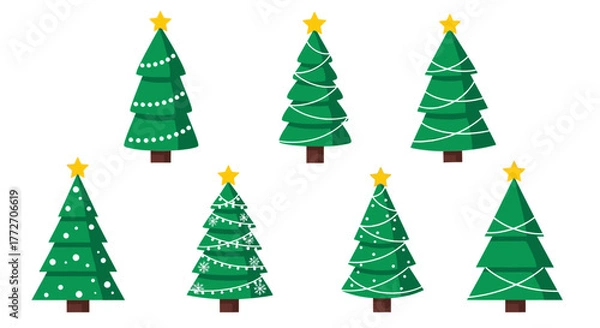Fototapeta Seven green christmas trees decorated with lights and golden stars are displayed on a white surface.