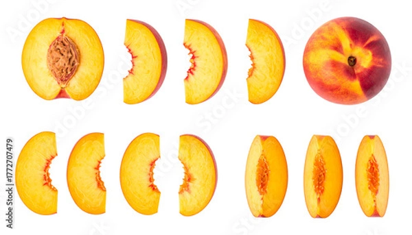 Obraz Pair of Whole and Sliced Nectarines Displaying Juicy Fresh Texture – isolated on transparent background