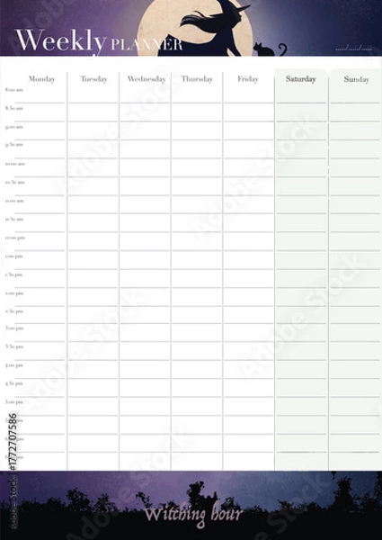 Fototapeta Printable, halloween witch-themed weekly planner design, a5 paper size, vector design