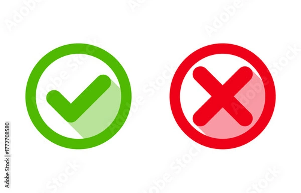Obraz Green Check Mark and Red Cross Icon Set Isolated on White Background
