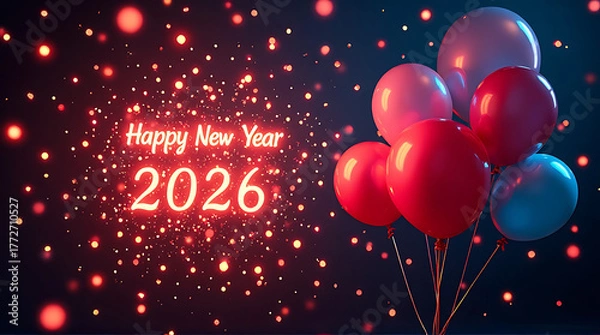 Fototapeta Festive New Year's greeting with glowing text, colorful balloons, and sparkling lights against a dark background.