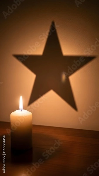 Obraz A softly glowing candle sits on a table, illuminating the space. Its warm light creates a striking star-shaped shadow on the wall, enhancing the evening's intimate atmosphere