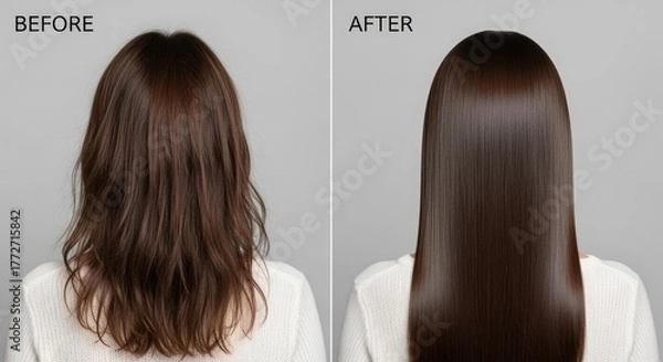 Obraz A comparison of hair transformation showing a woman with wavy brown hair on the left and sleek, straight brown hair on the right. Both images are labeled 'Before' and 'After'.
