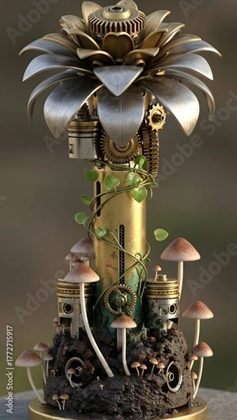 Obraz A vertical sculpture combines steampunk aesthetics with natural elements. Gears and metallic flowers intertwine with mushrooms and greenery, creating a unique harmony of technology and nature