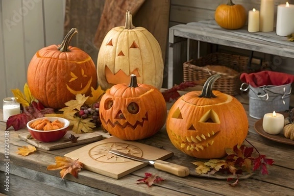 Obraz pumpkins at different caring stages, Halloween creativity 