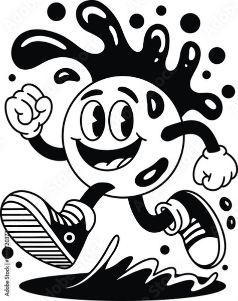 Obraz Playful monochrome graphic of a smiling retro cartoon mascot running with an ink splash. Isolated vector element