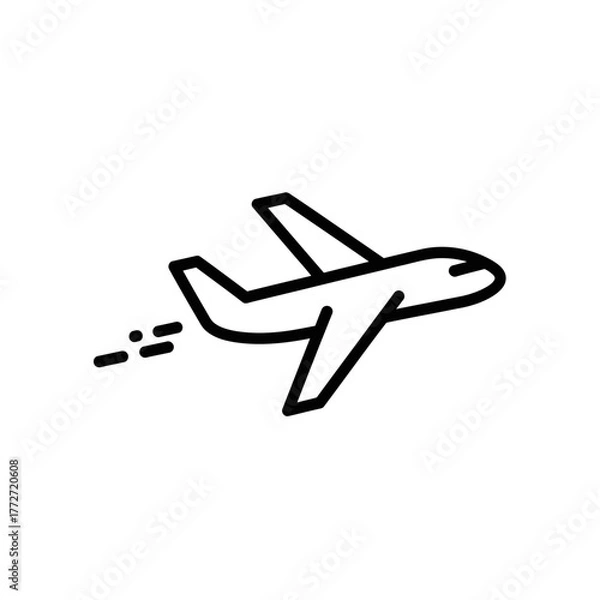 Obraz Simple black line art icon of a flying airplane with motion trails indicating takeoff.