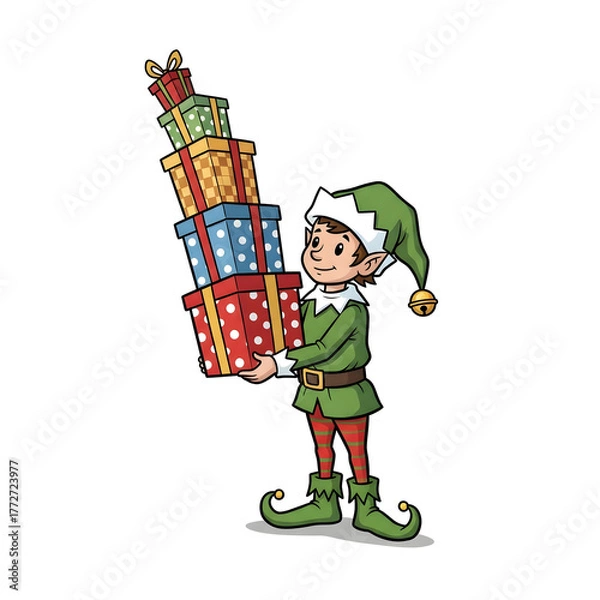 Fototapeta Smiling Christmas elf character carrying a tall pile of wrapped gift boxes on a white background.
