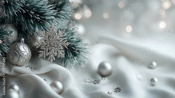 Obraz Silver Christmas decorations placed on fir branches. The branches are placed on a white fabric background with a texture.