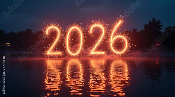 Fototapeta Glowing orange fireworks display forming the year 2026 reflected on water, set against a dark landscape.