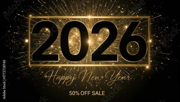 Fototapeta New Year 2026 celebration banner with gold and black theme