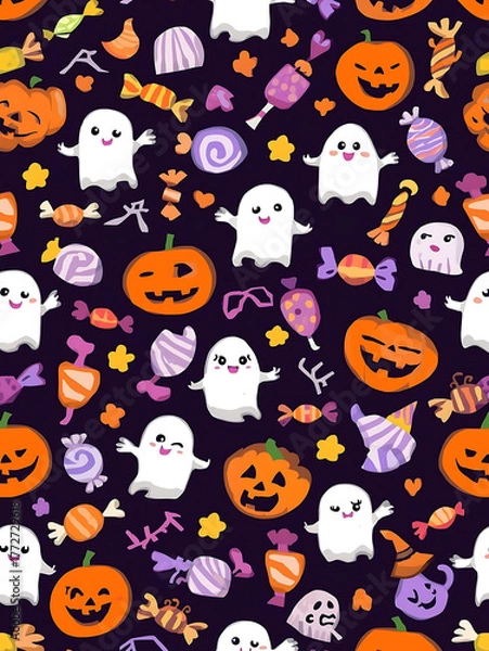 Obraz  Halloween seamless pattern with candy, ghosts, and pumpkins