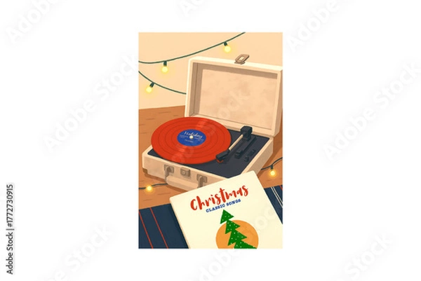 Fototapeta Retro Nostalgic Scene of a Record Player Playing Christmas Vinyl Music Christmas Card, Poster Illustration Design