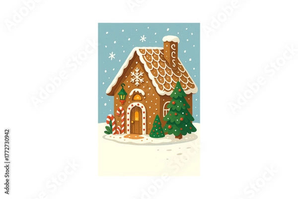 Fototapeta Whimsical Gingerbread House in a Snowy Winter Christmas Scene Christmas Card, Poster Illustration Design