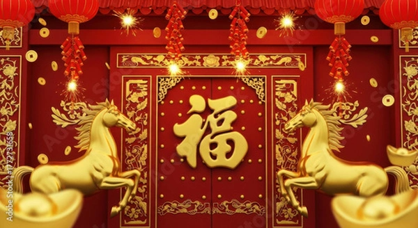 Fototapeta Spring Festival Blessing Gate and Blessing Map