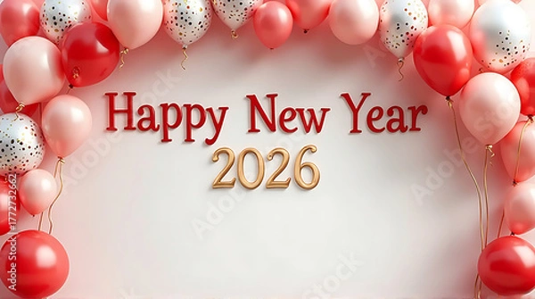 Fototapeta Festive New Year's greeting with balloons framing the "Happy New Year 2026" text.