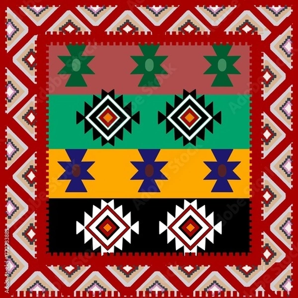 Fototapeta African ethnic tribal-inspired pattern in bright red and yellow tones balanced by soft base hues. The design brings a fresh, fun, and ethnic twist to traditional tribal art, ethnic a vibrant and dyna