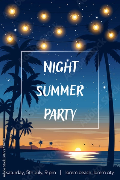 Fototapeta Tropical night beach with glowing string lights, palm trees, and sunset over the ocean. Relaxing summer evening vector illustration for party invitation
