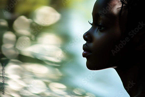 Fototapeta Nature Scene Featuring a Woman Posing by a Shimmering Lake with Sun-Kissed Skin and Blurred Forest Reflections in the Background.