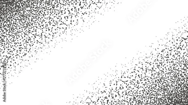 Obraz Vector illustration of black scattered dots corner frame with gradient density transition on white background for decorative border design. Trendy grain texture