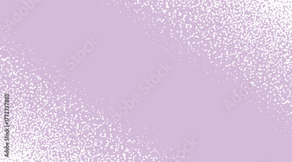 Fototapeta Vector illustration of white scattered dots corner frame with gradient density transition on purple background for decorative border design. Trendy grain texture
