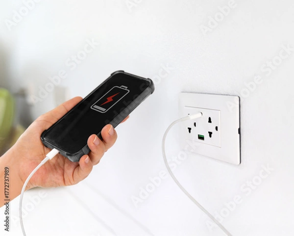 Obraz Mobile Phone Charging with USB-C Cable on Multi-Port Power Wall Socket in Modern Living Room