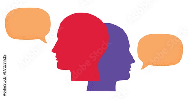 Fototapeta Vector illustration of human head silhouette with speech bubble representing dialogue communication and conversation concept