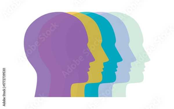 Obraz Vector illustration of colorful overlapping human head silhouettes in vibrant colors representing diversity teamwork and multiple perspectives concept