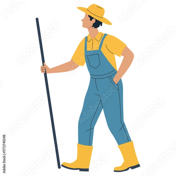Obraz Illustration of a Male Farmer Holding a Stick in Work Clothes